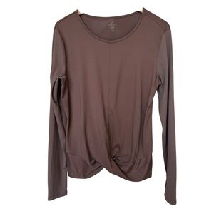 FREELY Women's Brown Front-Twist Ribbed Long-Sleeve Blouse L Yoga Activewear